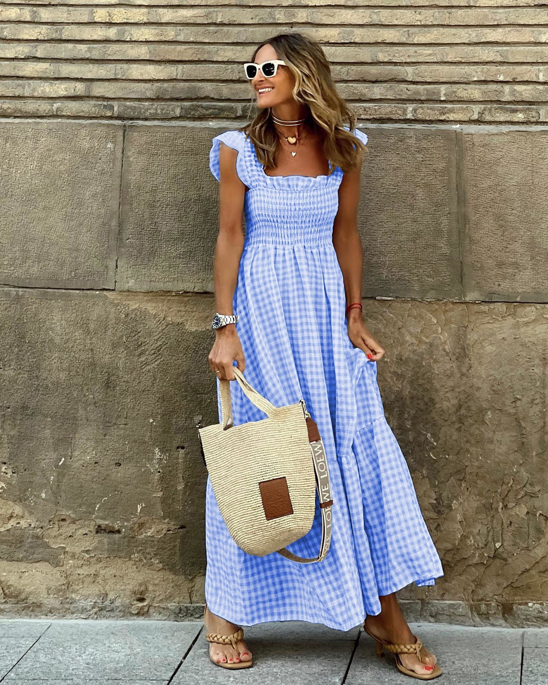 AURORA – PLAID RUFFLED-SLEEVE SMOCKED MAXI DRESS