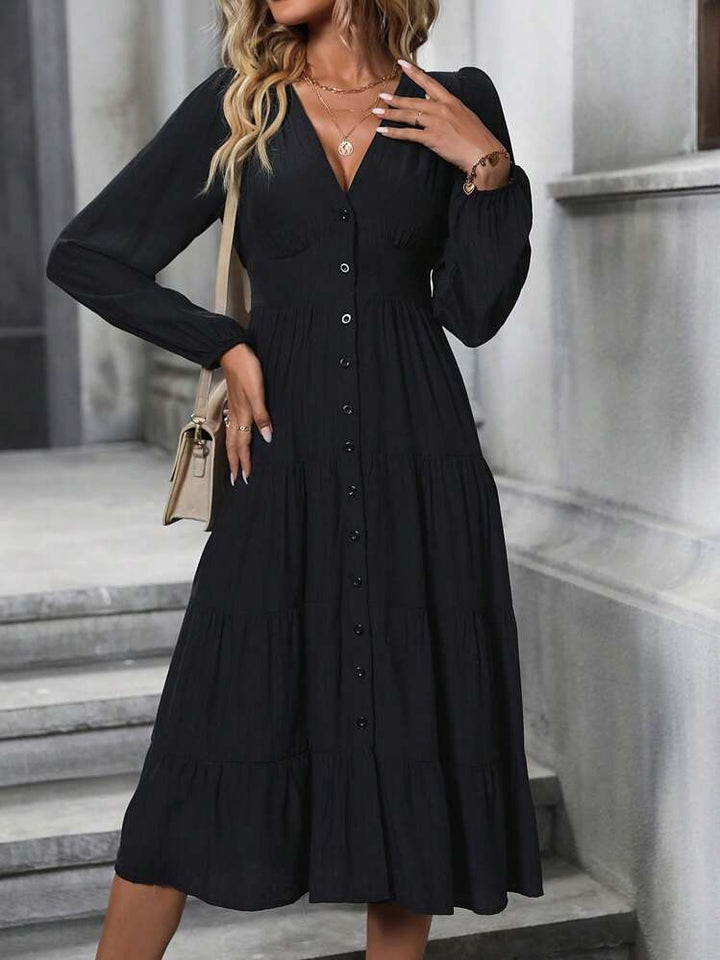 Women's Button Front Pleated Midi Dress – Black