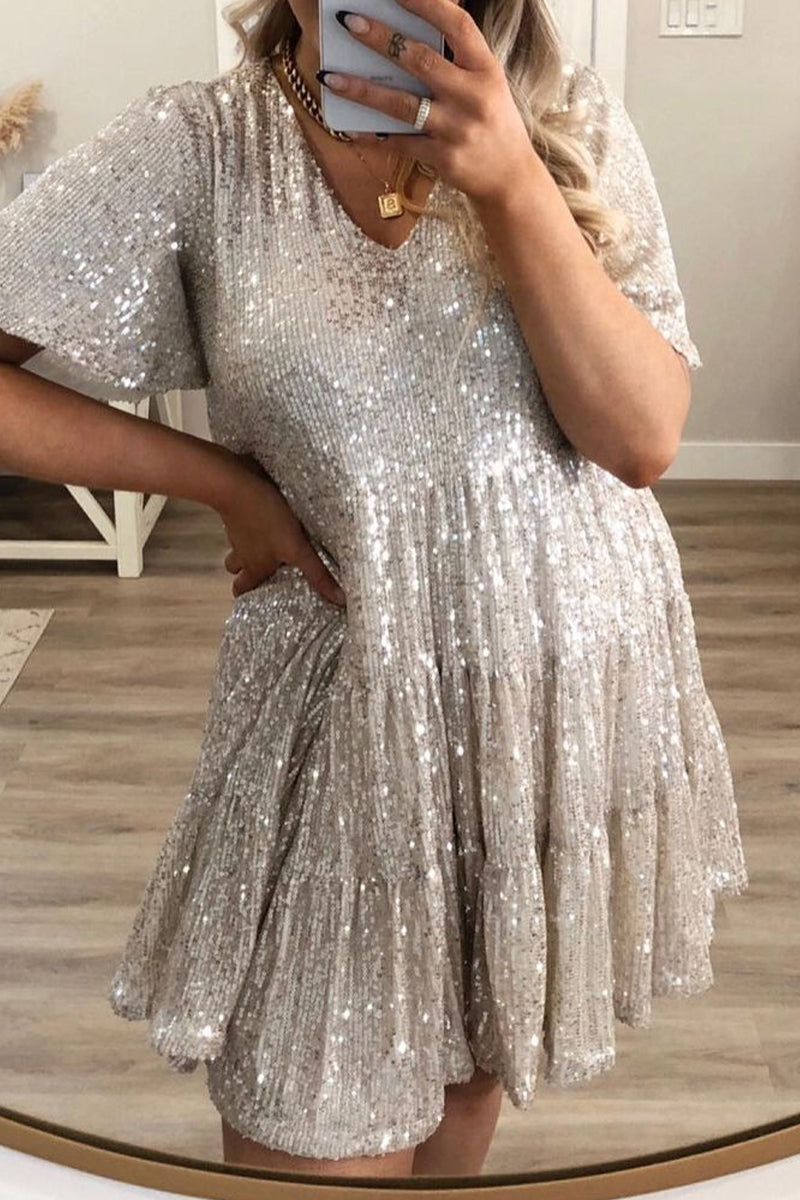 ELSINYA – CASUAL SOLID SEQUIN A-LINE DRESS