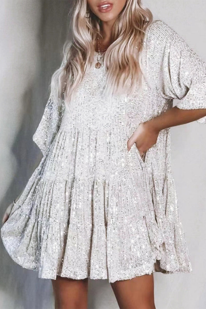 ELSINYA – CASUAL SOLID SEQUIN A-LINE DRESS