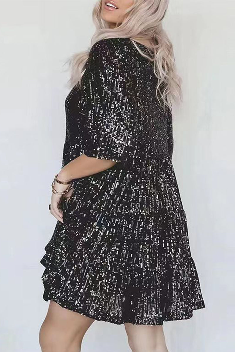 ELSINYA – CASUAL SOLID SEQUIN A-LINE DRESS