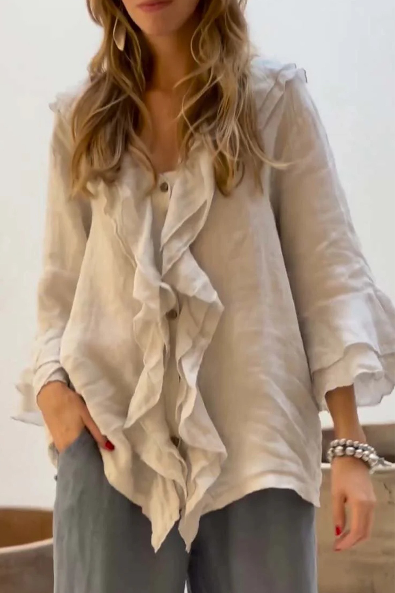 ARIETTA – CASUAL SOLID COLOR RUFFLE V-NECK BLOUSE