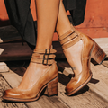 Women's Vintage Leather Ankle Strap Block Heels
