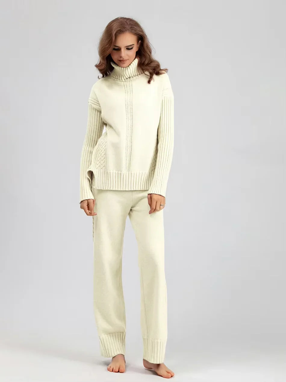 Scarlett - Chic High-Neck Knit Sweater & Loose Pants Set