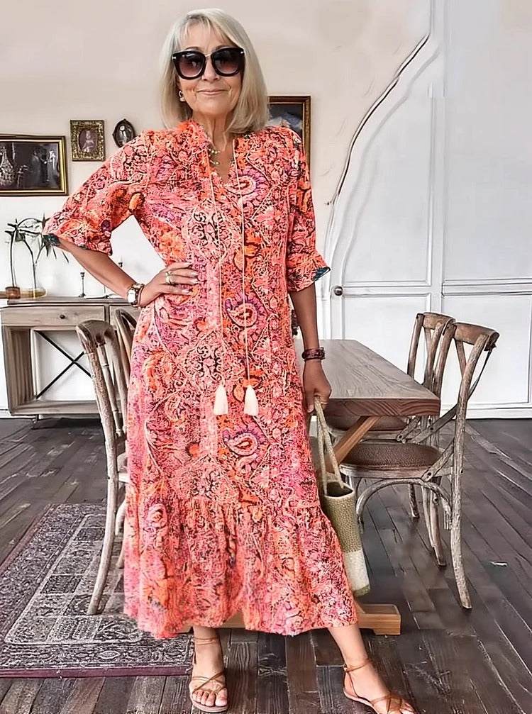 REVAYA – BOHEMIAN PAISLEY TASSEL TIE DRESS