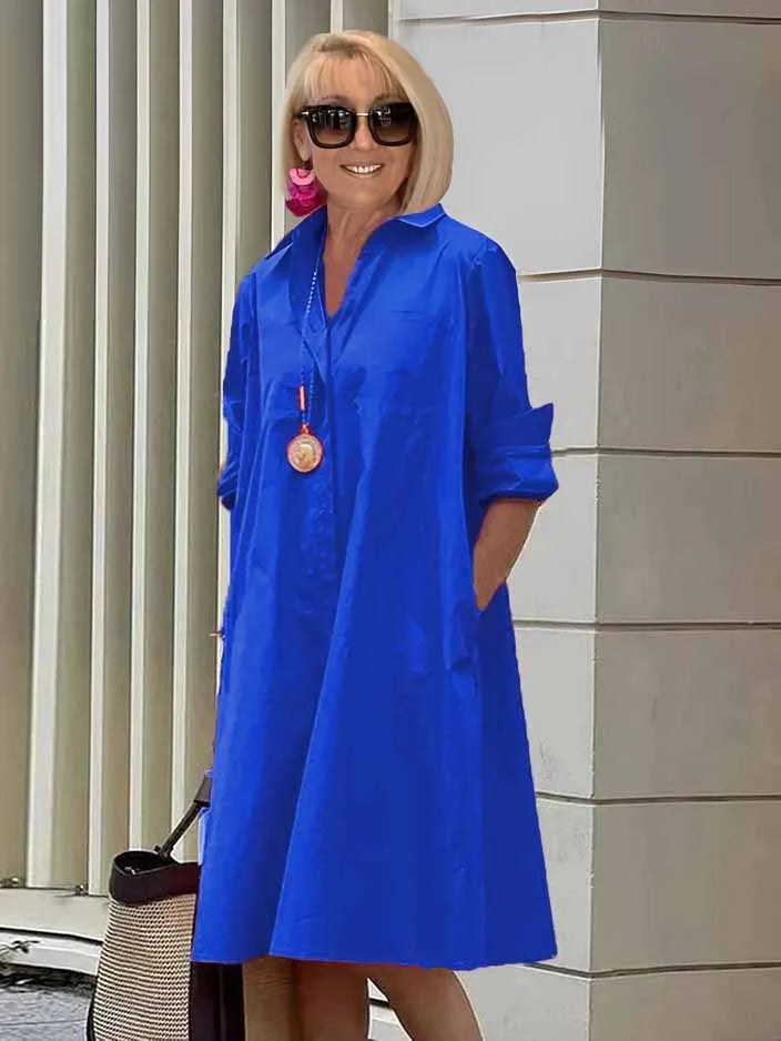 ORELITHA – SHIRT COLLAR POCKET MIDI DRESS