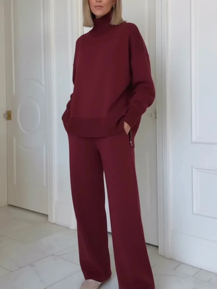 Women's Knit Turtleneck Pants Set – Red Wine