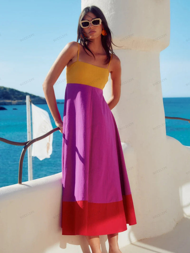 LACEY – VACATION-STYLE COLOR BLOCK SPAGHETTI STRAP DRESS
