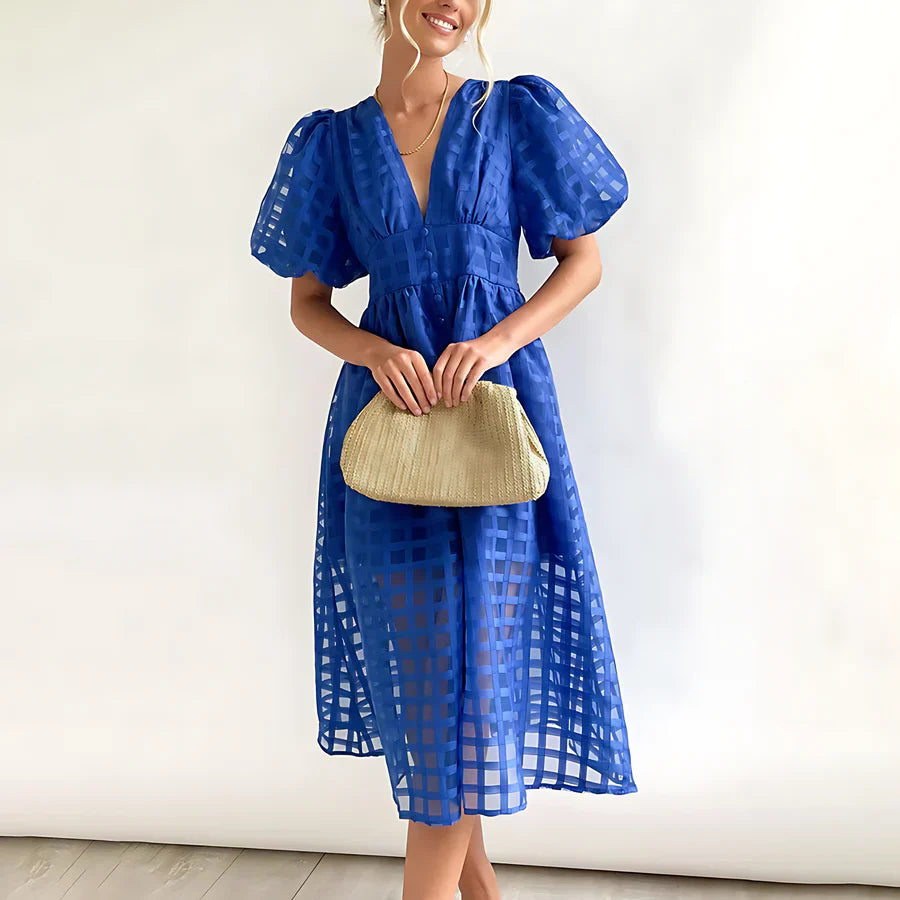 Caelis - Classic Patterned Puff Sleeve Midi Dress