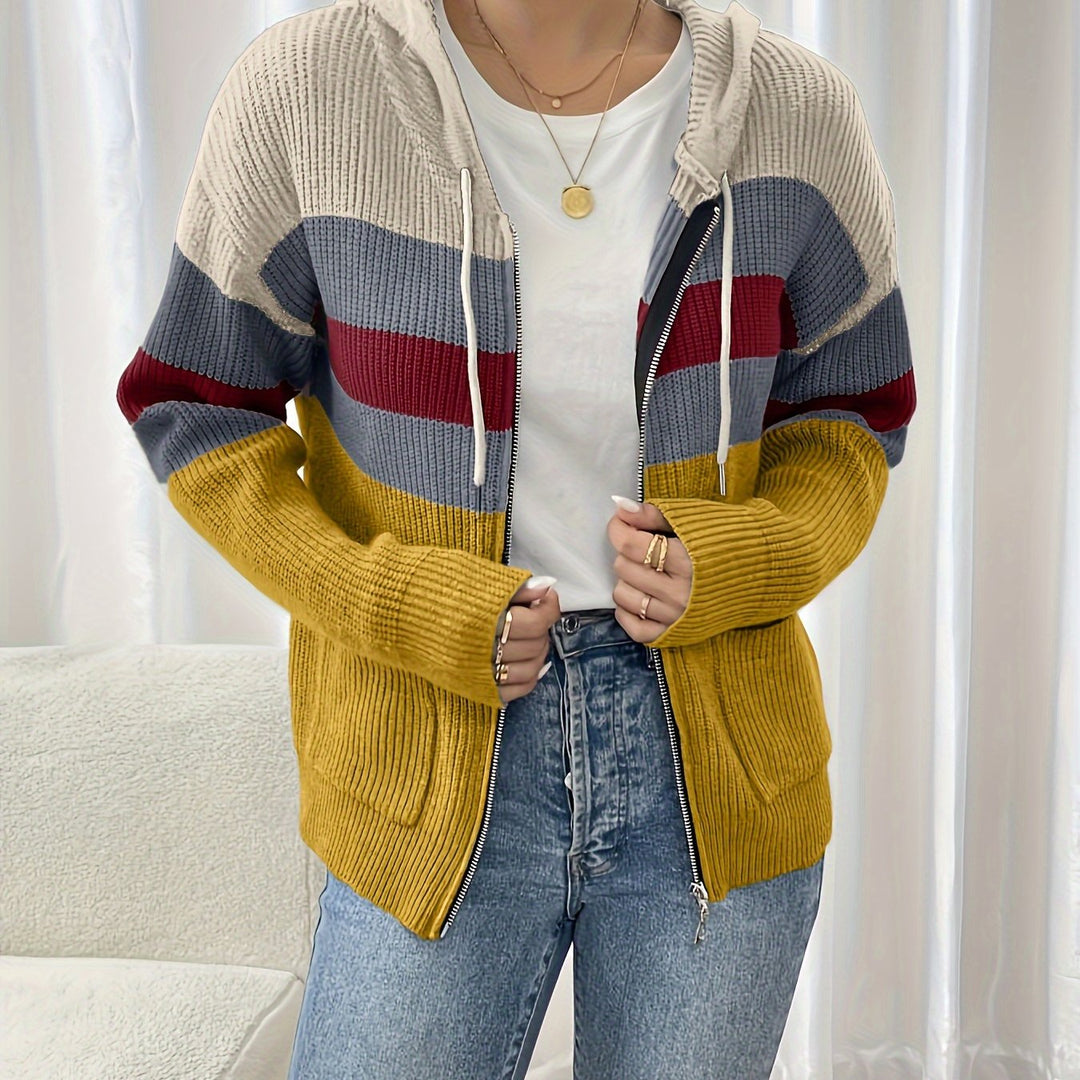Women's Striped Hooded Zip Cardigan – Mustard