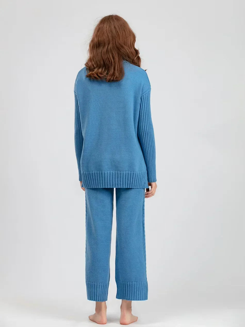 Scarlett - Chic High-Neck Knit Sweater & Loose Pants Set