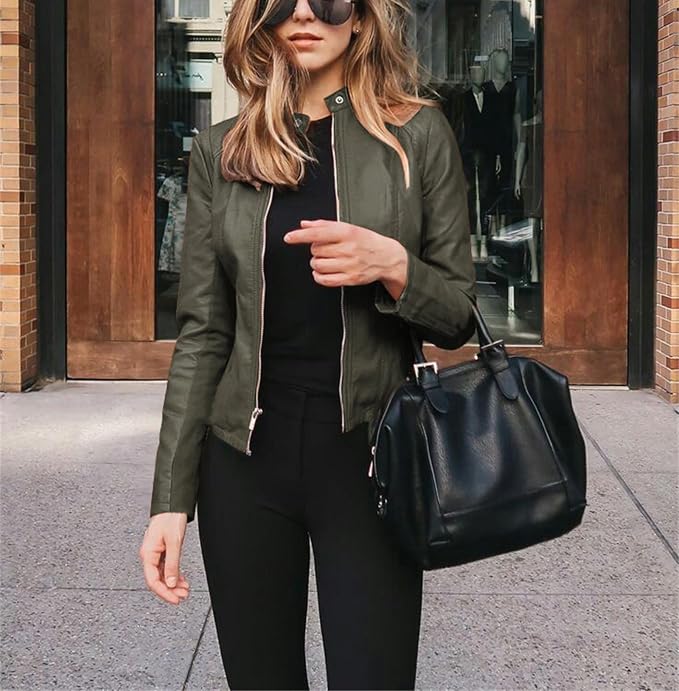 Women's Cropped Faux Leather Jacket – Army Green