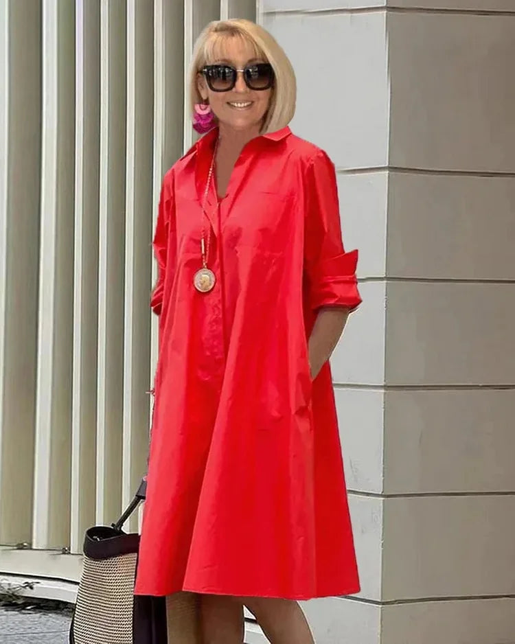 ORELITHA – SHIRT COLLAR POCKET MIDI DRESS