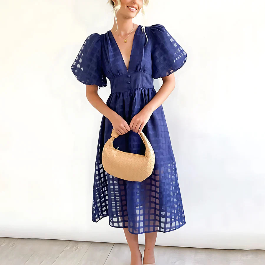 Caelis - Classic Patterned Puff Sleeve Midi Dress
