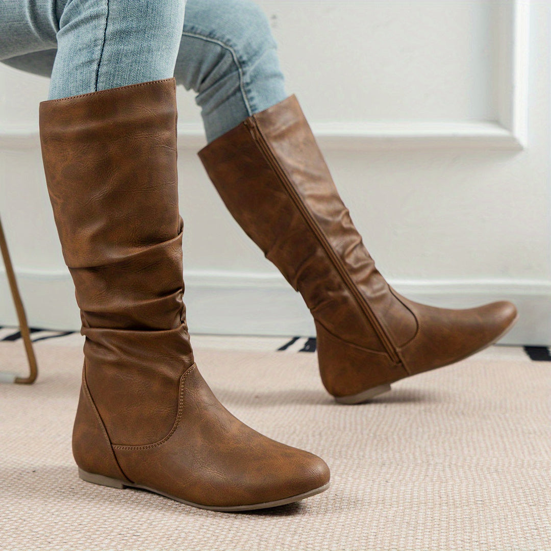 Women's Faux Leather Slouch Mid Calf Boots – Brown