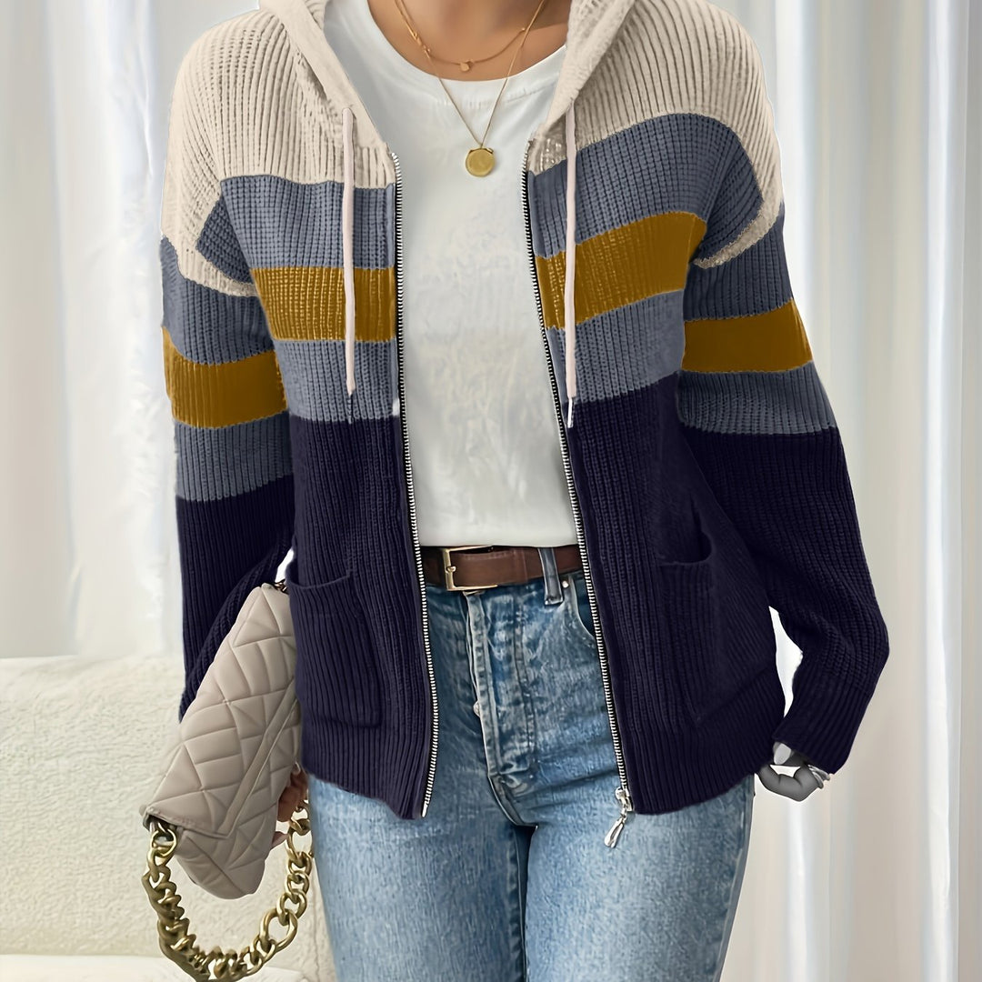 Women's Striped Hooded Zip Cardigan – Navy