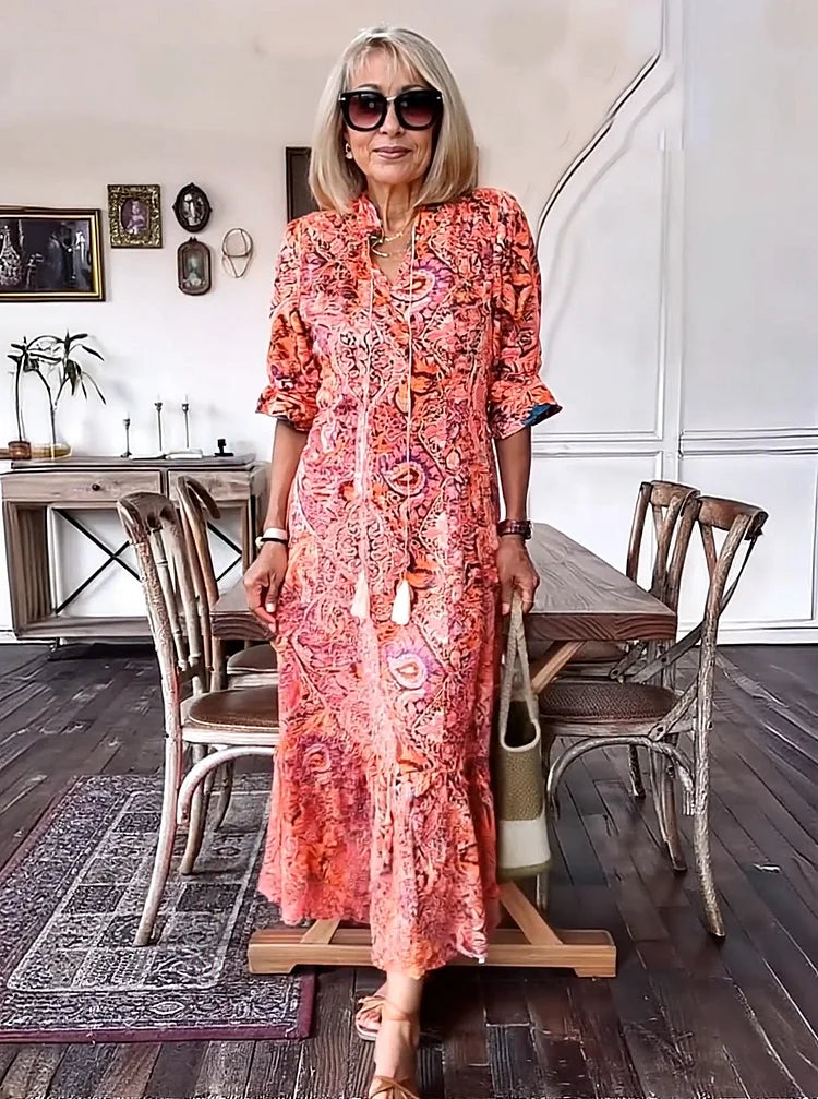 LUNESTRA – BOHO DRAWSTRING NECK MAXI DRESS