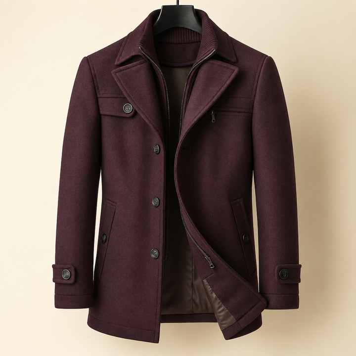 Men's Layered Long Wool Coat – Burgundy