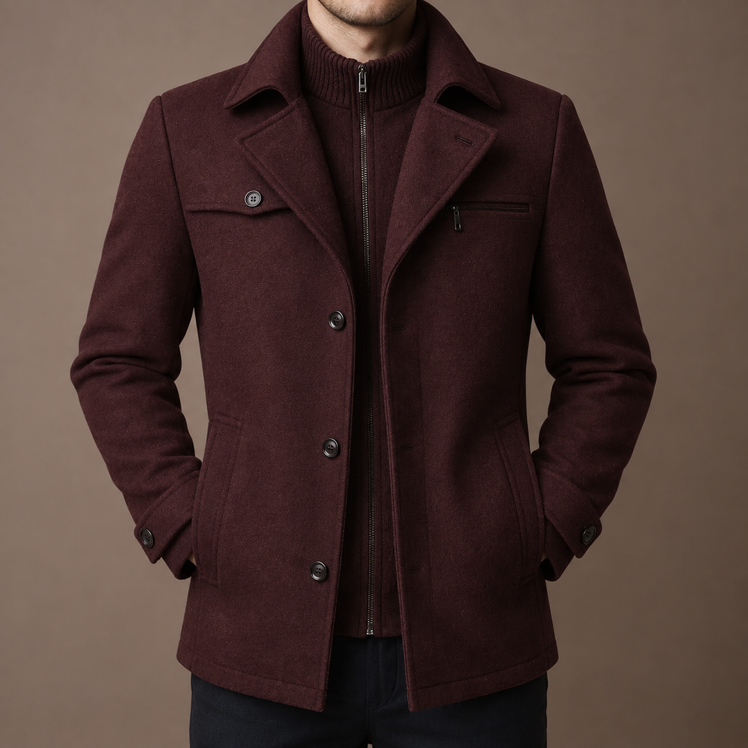 Men's Layered Long Wool Coat – Detail View