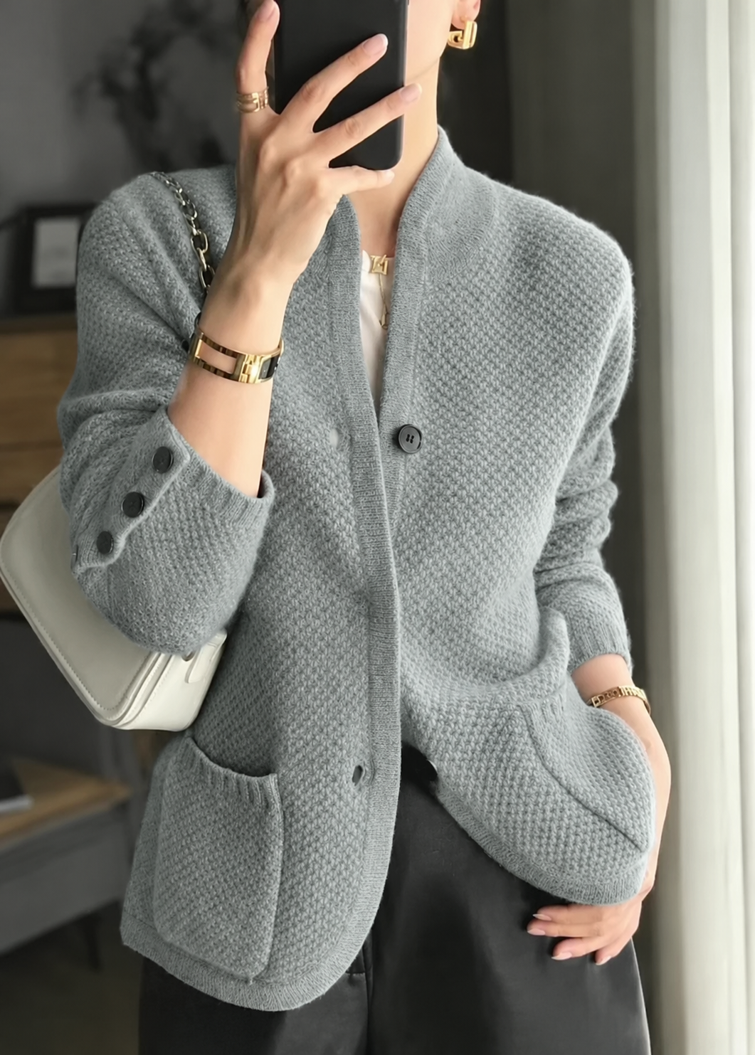 Women's Textured Knit Sweater Jacket – Gray