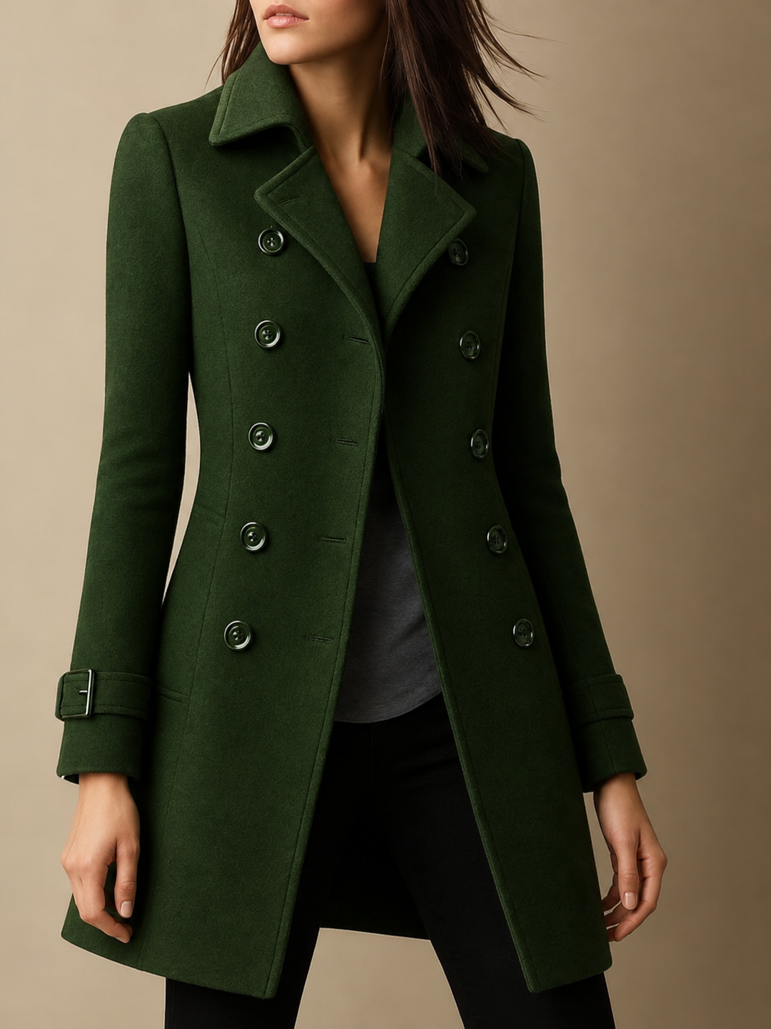 Women's Double-Breasted Wool-Blend Coat – Army Green