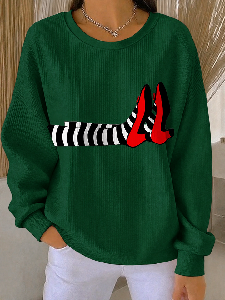 Women's Witch Legs Print Ribbed Sweatshirt – Green