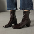 Women's Leather Square Toe Block Heel Ankle Boots