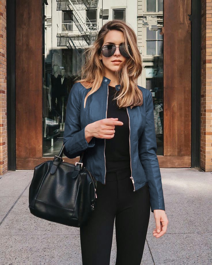 Women's Cropped Faux Leather Jacket – Dark Blue