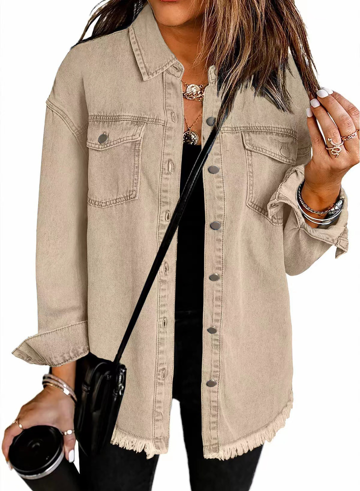 Women's Raw Hem Denim Jacket – Beige