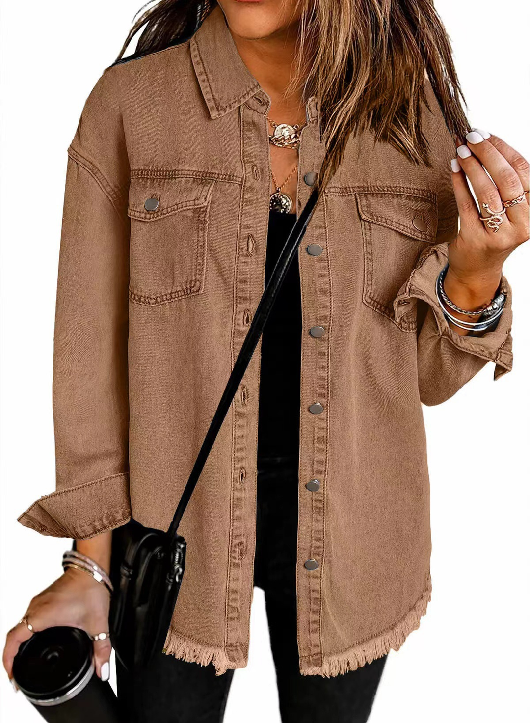 Women's Raw Hem Denim Jacket – Brown