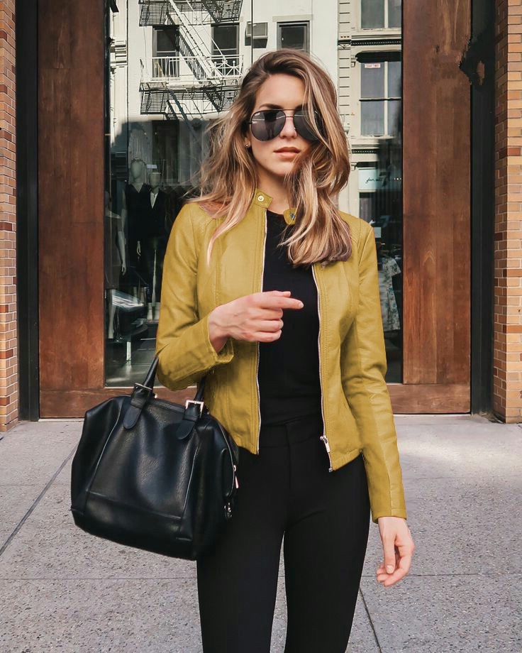 Women's Cropped Faux Leather Jacket – Yellow