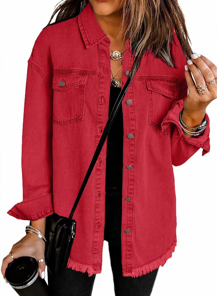 Women's Raw Hem Denim Jacket – Red
