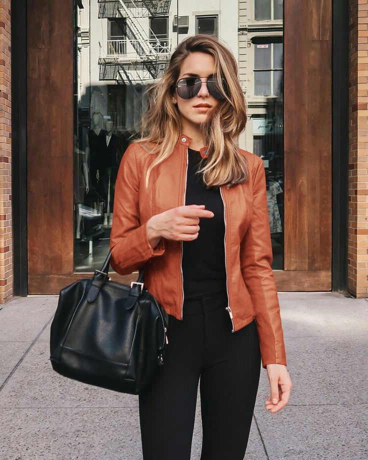 Women's Cropped Faux Leather Jacket – Orange