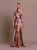 Rylee | Women's Satin Halter Slit Gown