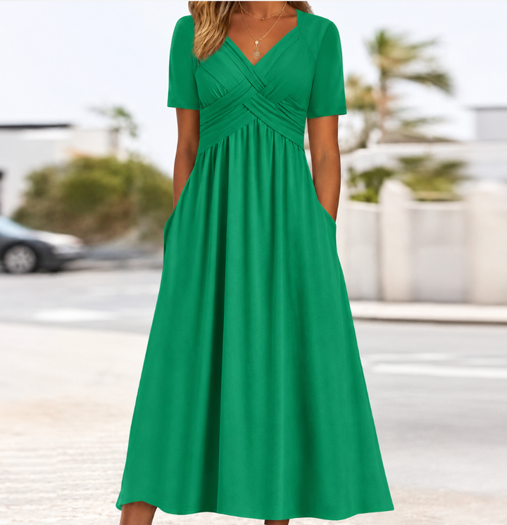 Women's Ruched V-Neck Midi Dress – Green