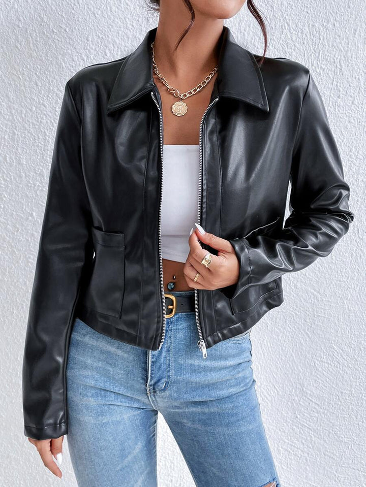 ADRIENNE - CROPPED WIDE COLLAR FAUX LEATHER JACKET 1