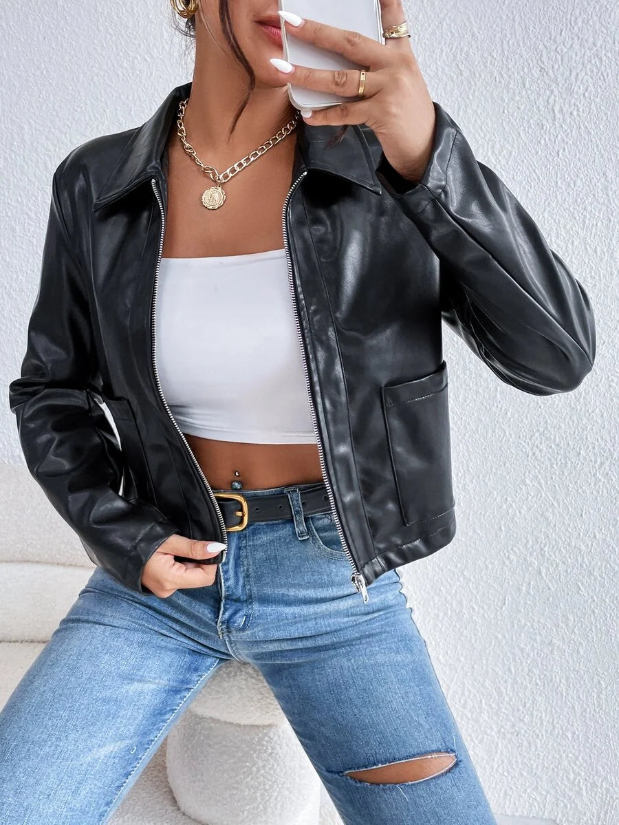 ADRIENNE - CROPPED WIDE COLLAR FAUX LEATHER JACKET 2