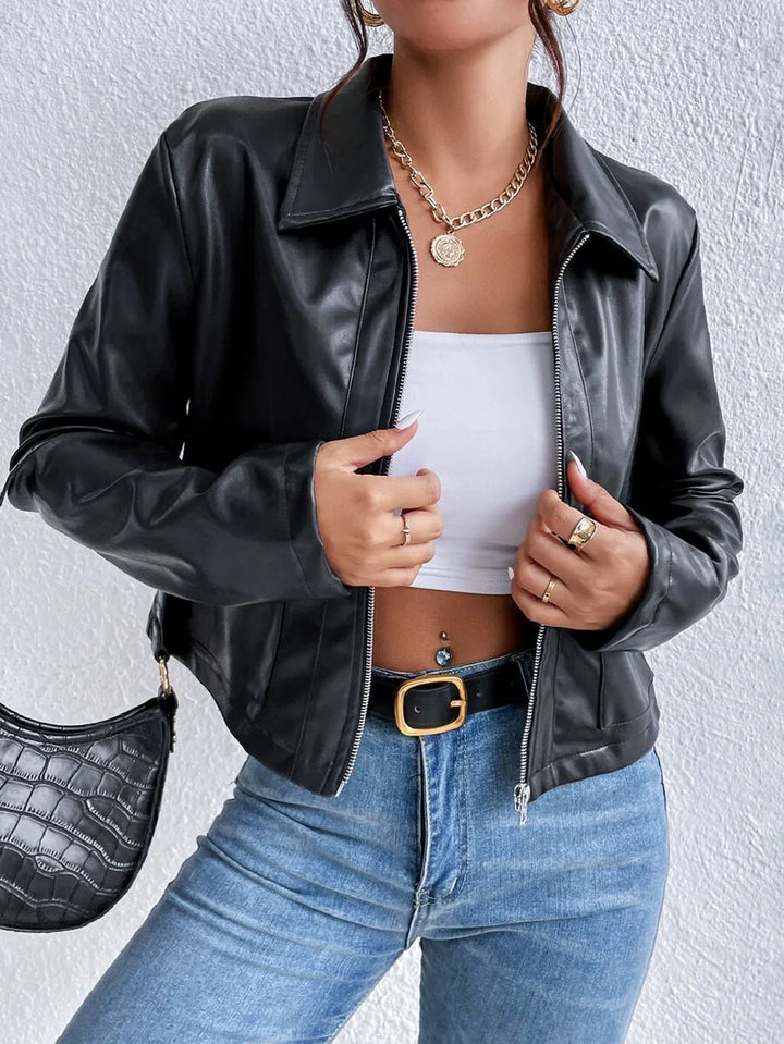 ADRIENNE - CROPPED WIDE COLLAR FAUX LEATHER JACKET 3