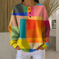AGLAIA | WOMEN'S COLOR BLOCK SWEATSHIRT BUTTON CREW NECK PATCHWORK PULLOVER