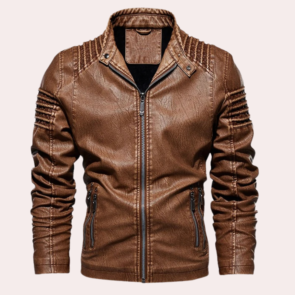 ALARIC | MEN'S LEATHER JACKET VINTAGE BIKER BROWN STAND COLLAR 1
