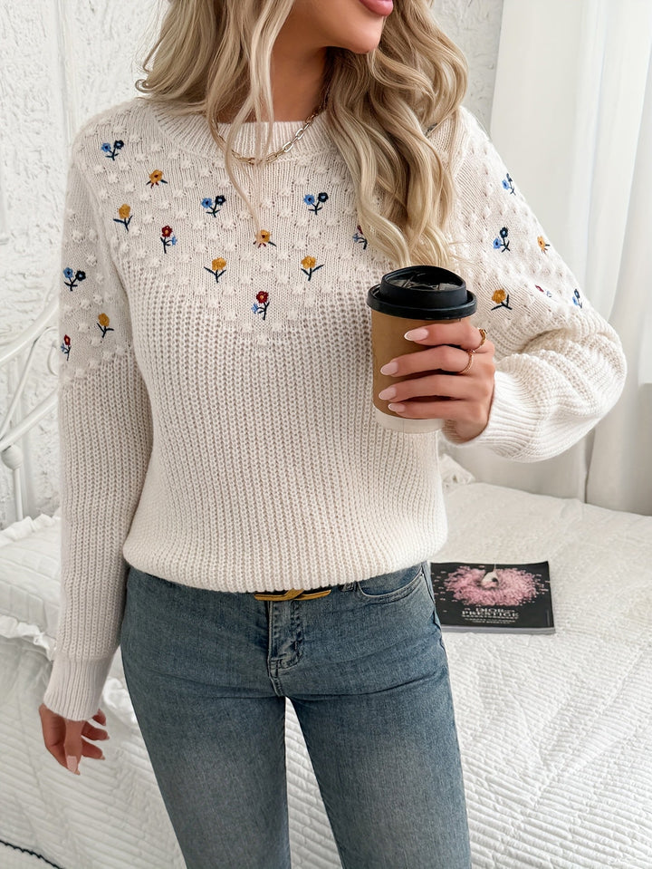 ALPHONSINE | WOMEN'S FLORAL EMBROIDERED CREW NECK KNIT SWEATER 4
