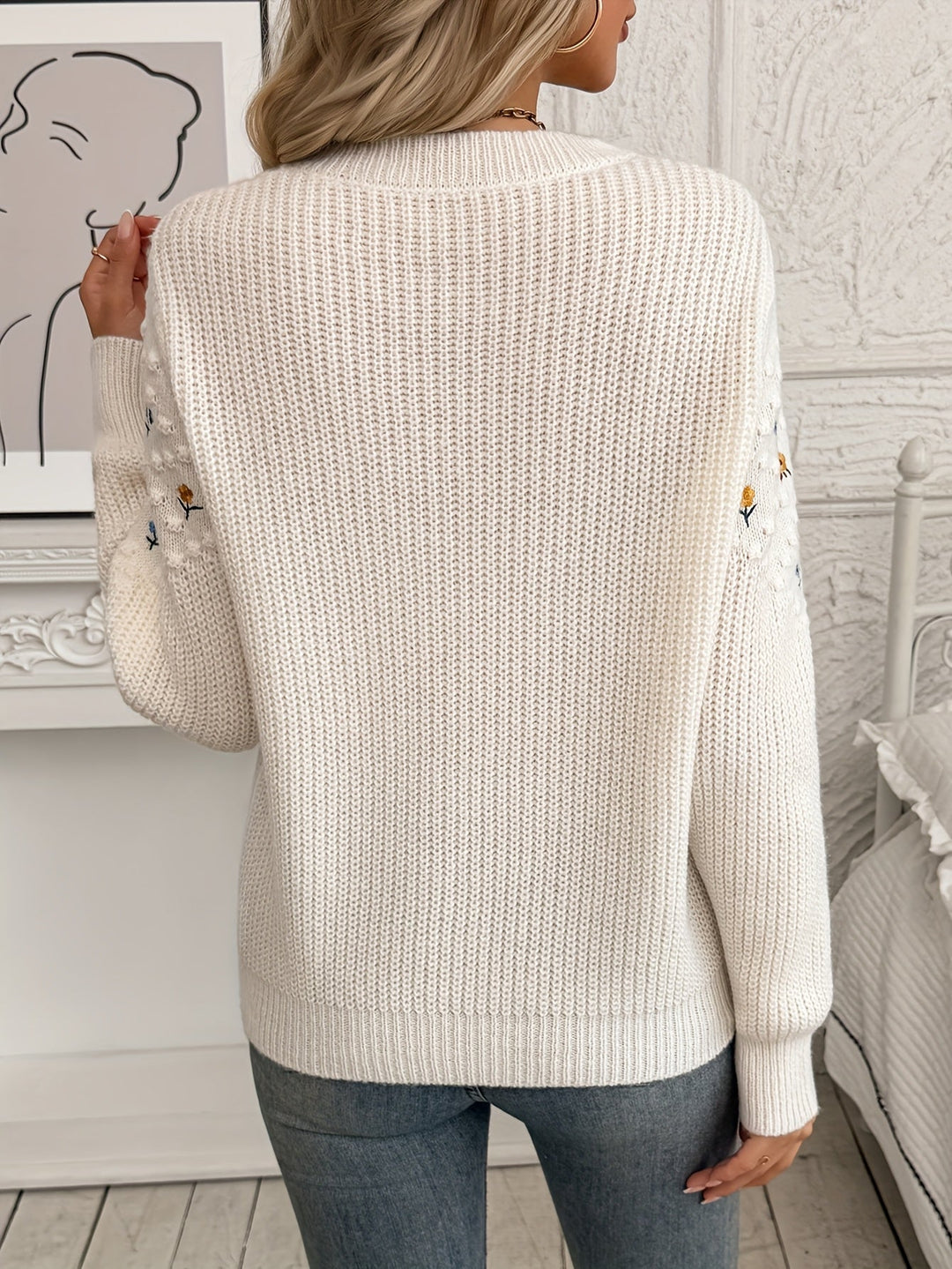 ALPHONSINE | WOMEN'S FLORAL EMBROIDERED CREW NECK KNIT SWEATER 5