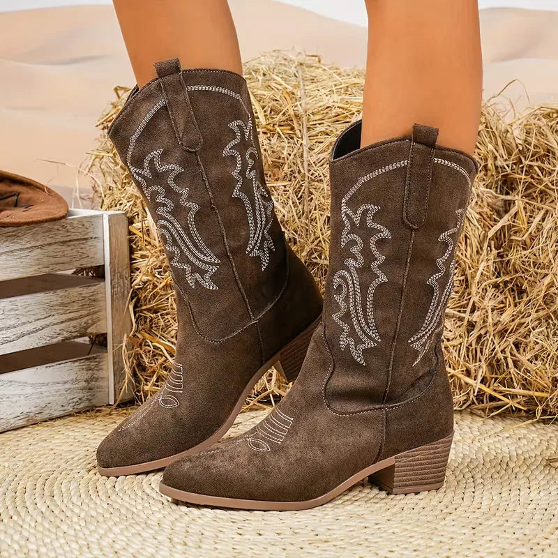 AMBRE | WOMEN'S COWBOY BOOTS EMBROIDERED WESTERN MID CALF SUEDE 8