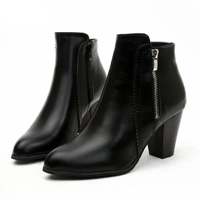 Women's Leather Block Heel Ankle Boots – Black