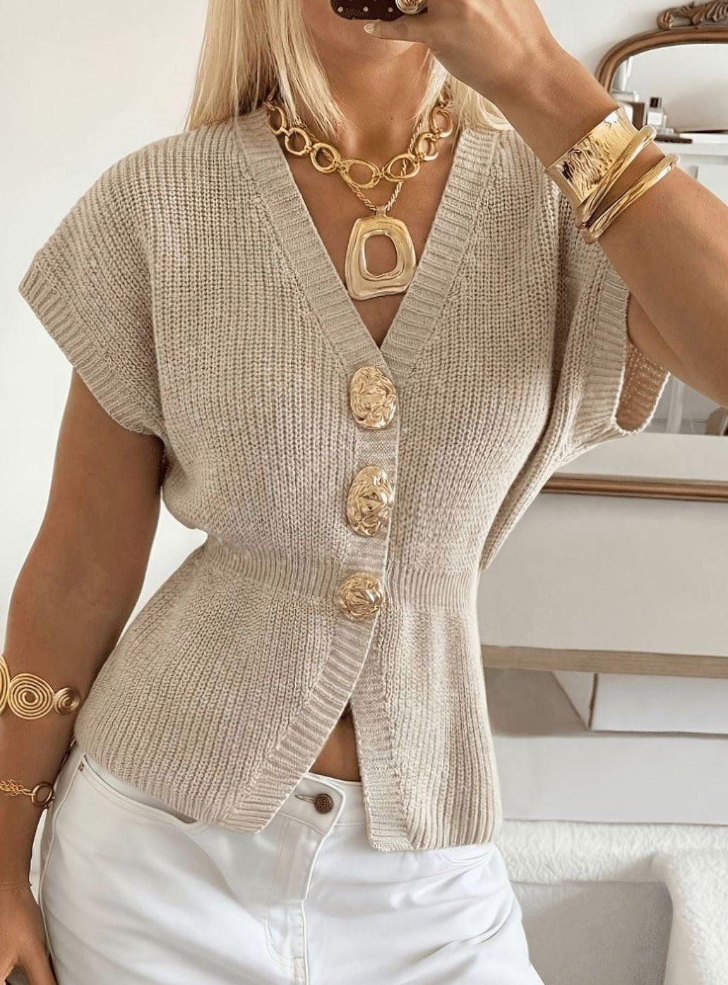 Women's Short Sleeve V-Neck Cardigan – Beige