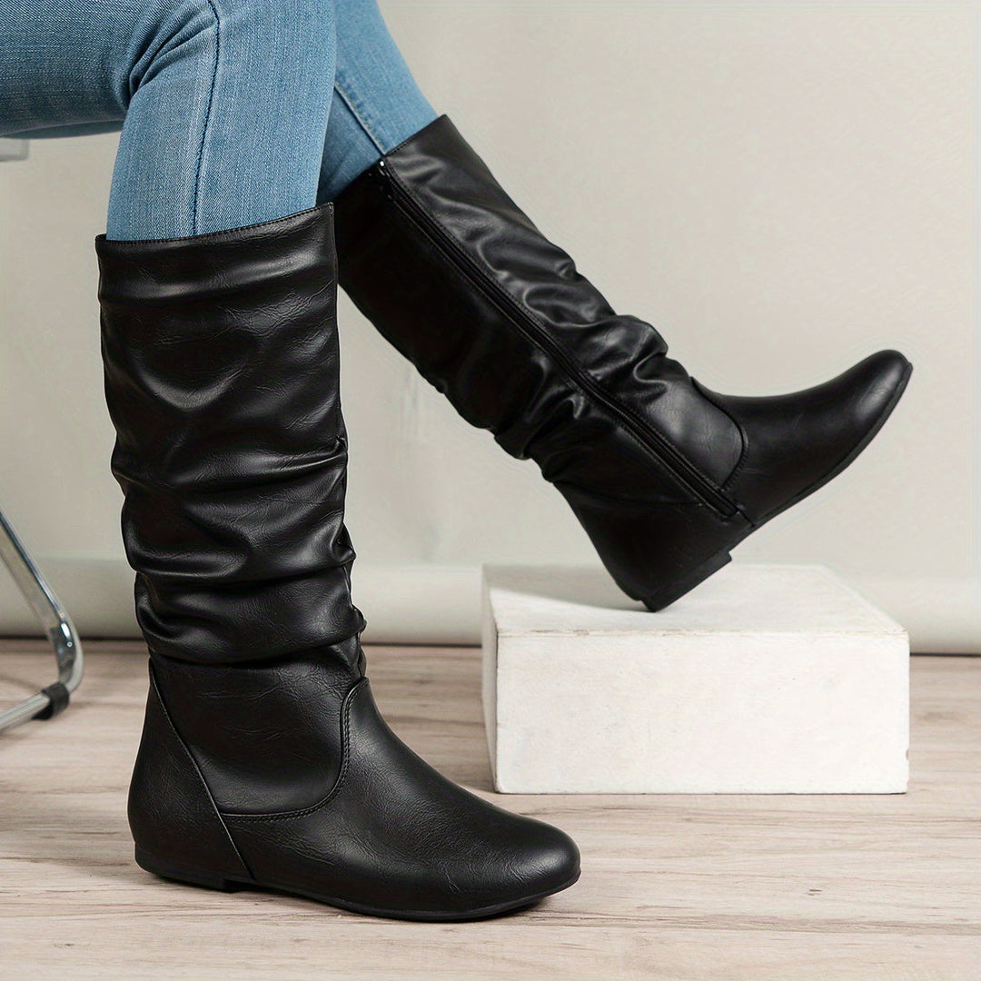 Women's Faux Leather Slouch Mid Calf Boots – Black