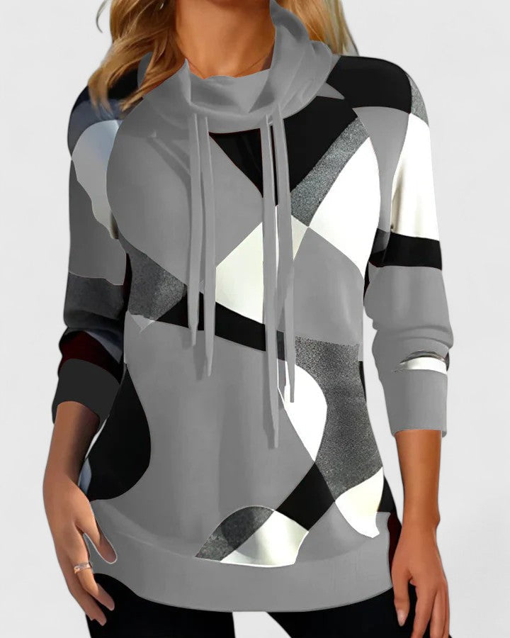 AURIANE | WOMEN'S GEOMETRIC COWL NECK SWEATER DRAWSTRING PULLOVER 3