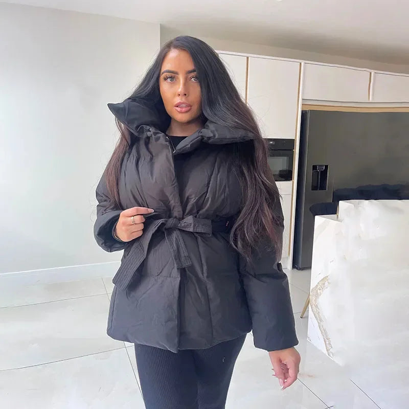 BASTIENNE | WOMEN'S PUFFER JACKET BELTED WIDE COLLAR QUILTED 1