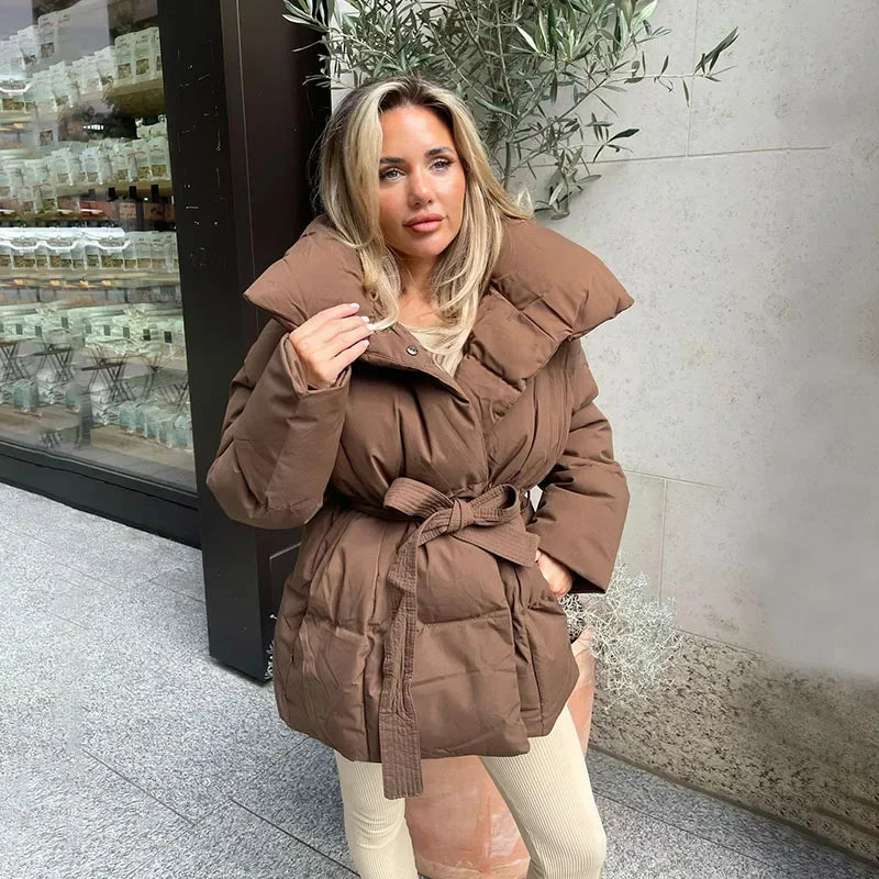 BASTIENNE | WOMEN'S PUFFER JACKET BELTED WIDE COLLAR QUILTED 3