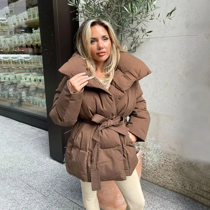 BASTIENNE | WOMEN'S PUFFER JACKET BELTED WIDE COLLAR QUILTED 3